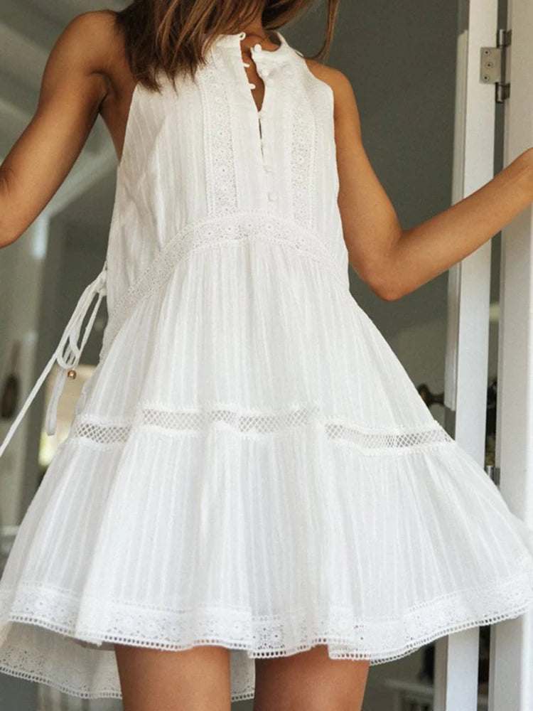 Vestido Ibicenco de Encaje Blanco, Sin Mangas, Silueta Suelta, Estilo Mini