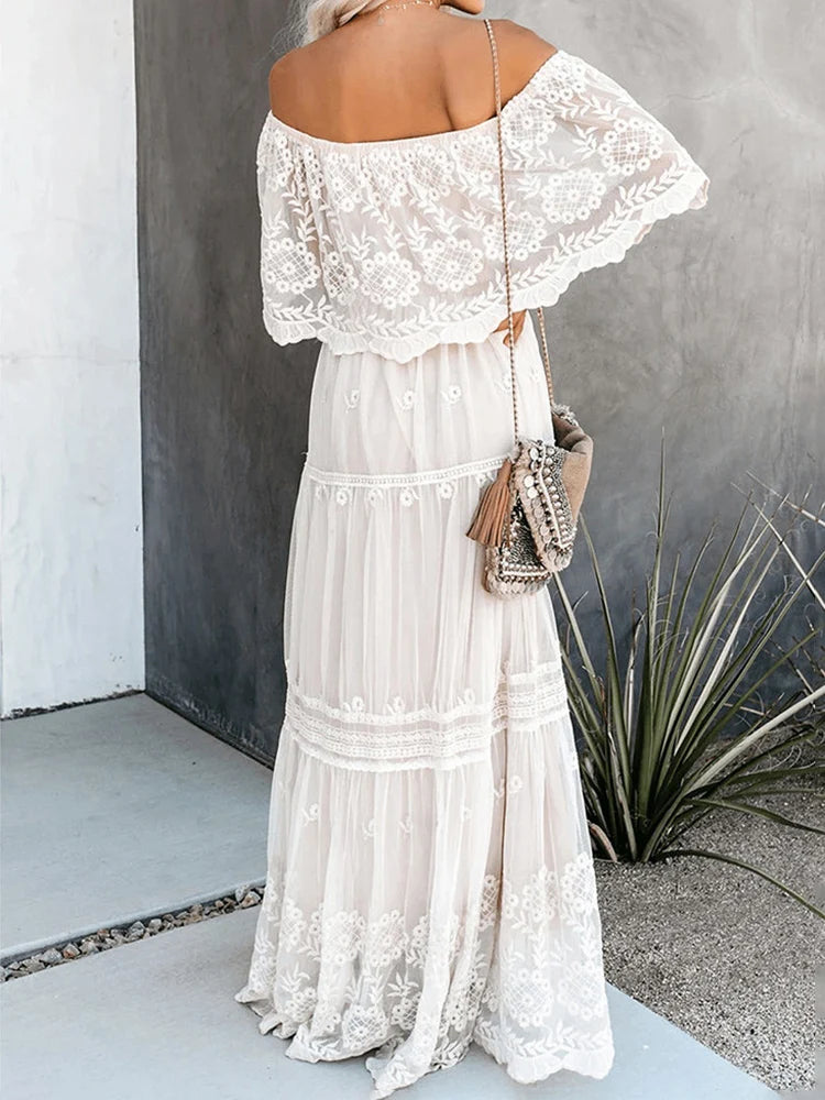 Vestido Ibicenco Blanco Largo a Cintura Alta