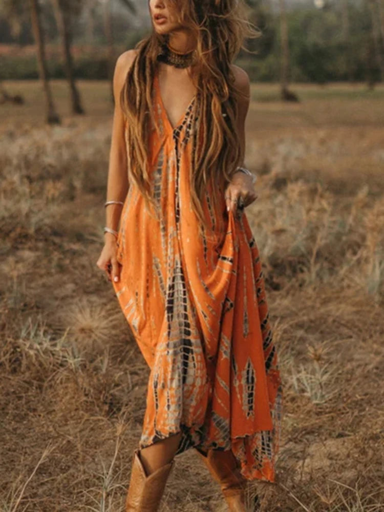 Vestido Ibicenco Boho Halter Sin Espalda y Sin Mangas