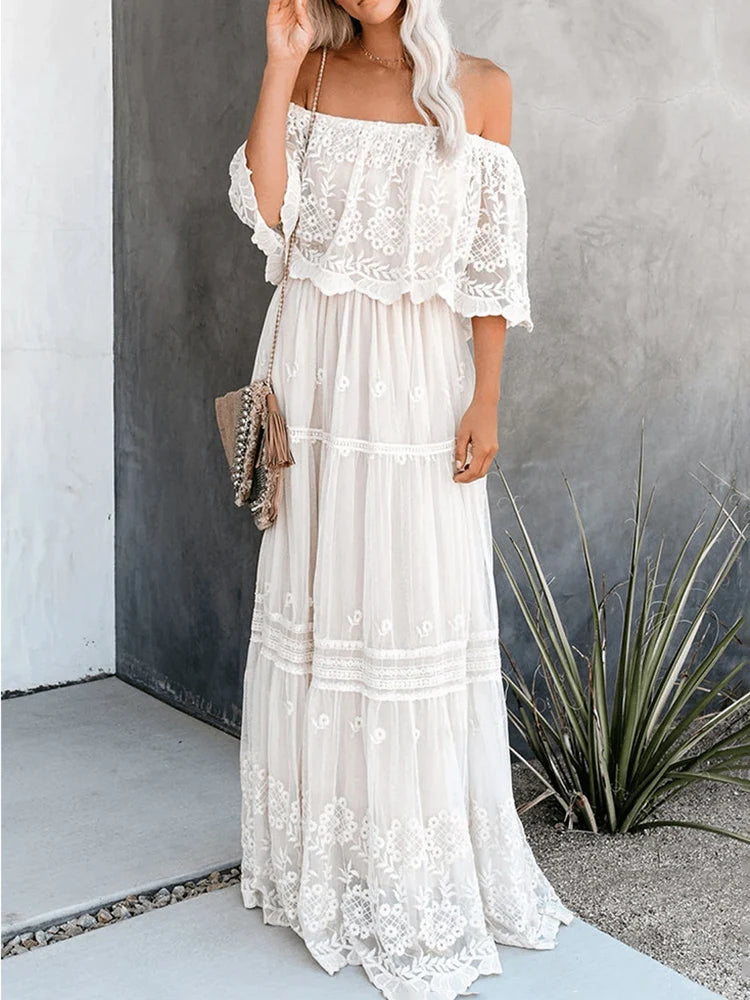 Vestido Ibicenco Blanco Largo a Cintura Alta