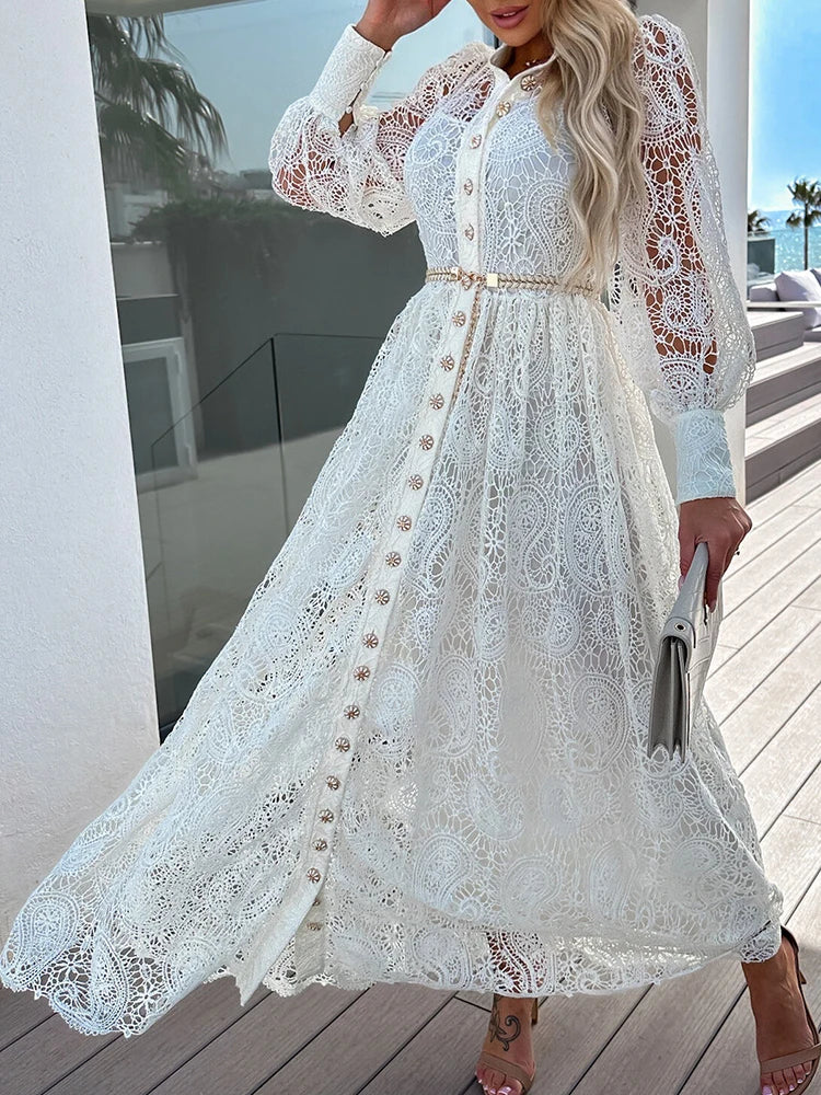 Vestido Ibicenco Largo de Encaje Blanco con Bordado y Mangas Largas
