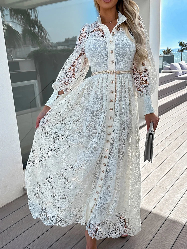 Vestido Ibicenco Largo de Encaje Blanco con Bordado y Mangas Largas