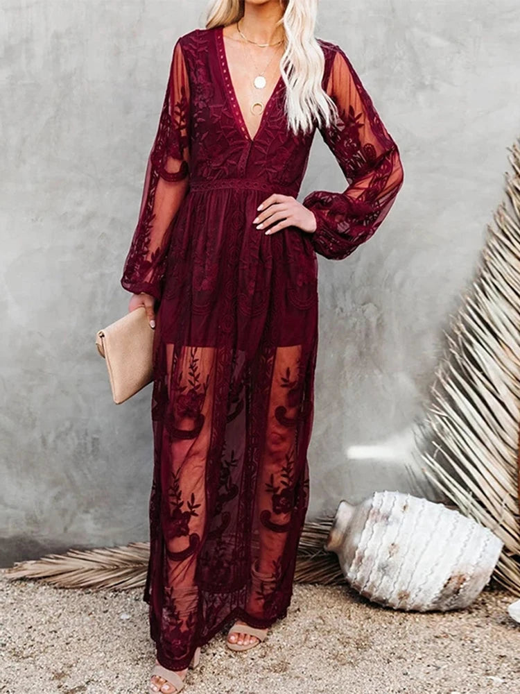 Vestido Ibicenco Bohemio de Encaje Blanco con Bordados y Cuello en V