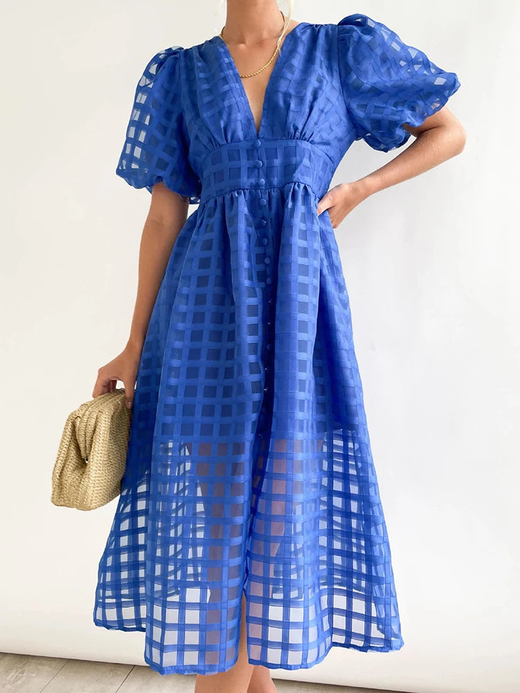 Vestido Ibicenco de Transparencias con Escote en V, Detalle de Calado y Mangas Abullonadas