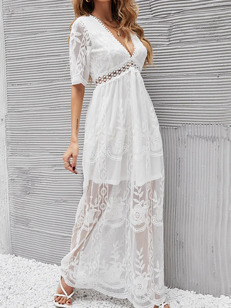 Vestido Ibicenco Boho Blanco con Bordado y Encaje de Verano