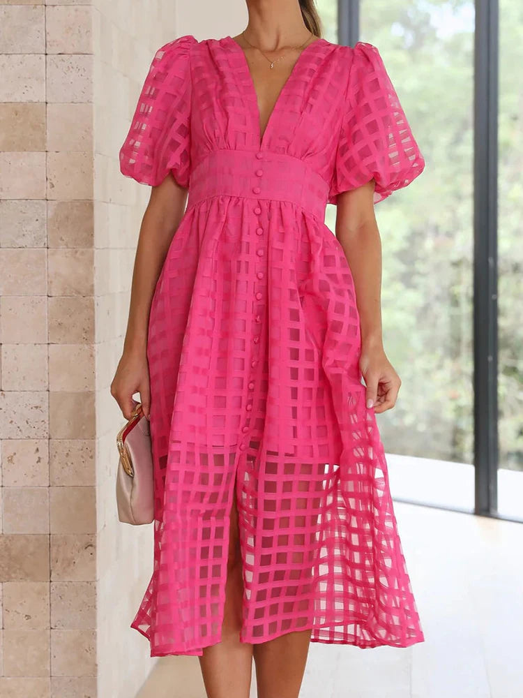 Vestido Ibicenco de Transparencias con Escote en V, Detalle de Calado y Mangas Abullonadas