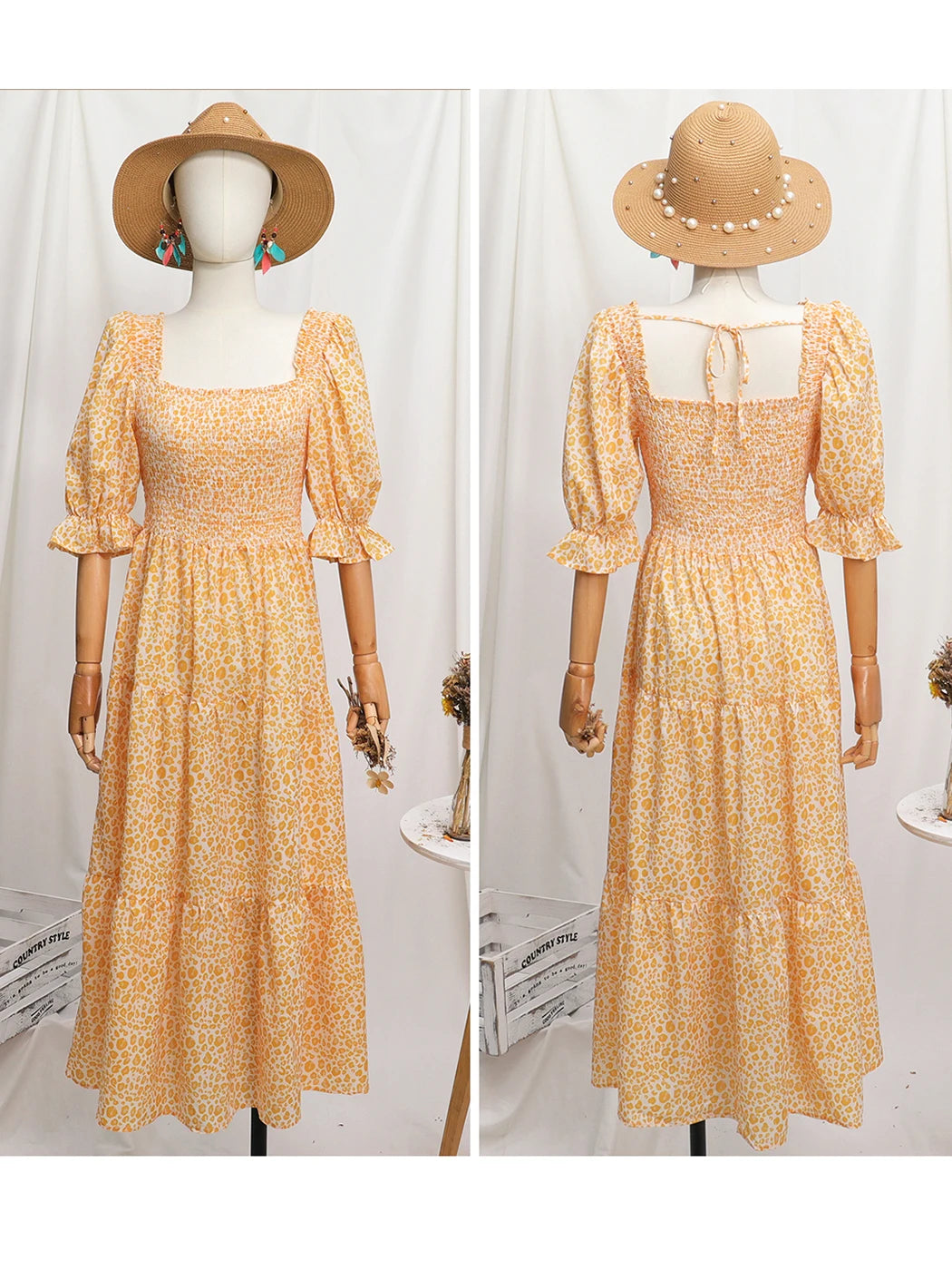 Vestido Ibicenco Floral Verano con Cuello Cuadrado, Mangas Abullonadas y Lazo