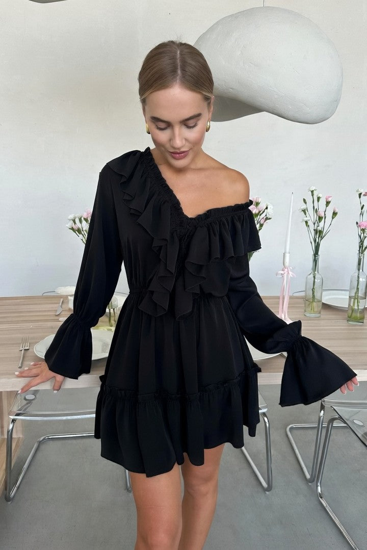 Vestido Corto Ibicenco Boho con Volantes y Manga Acampanada short boho dress
