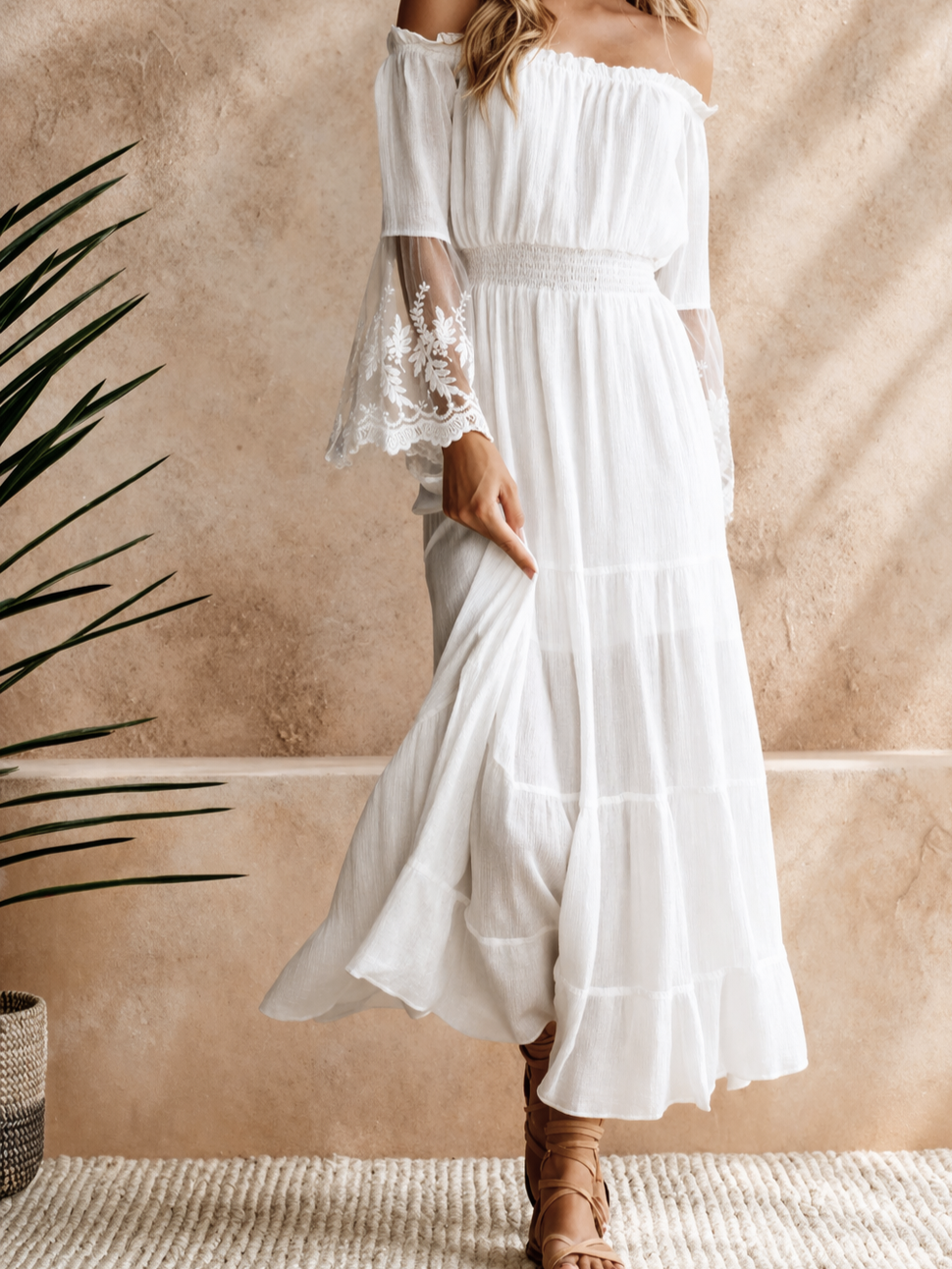 Vestido Ibicenco Blanco con Hombros Descubiertos boho dress