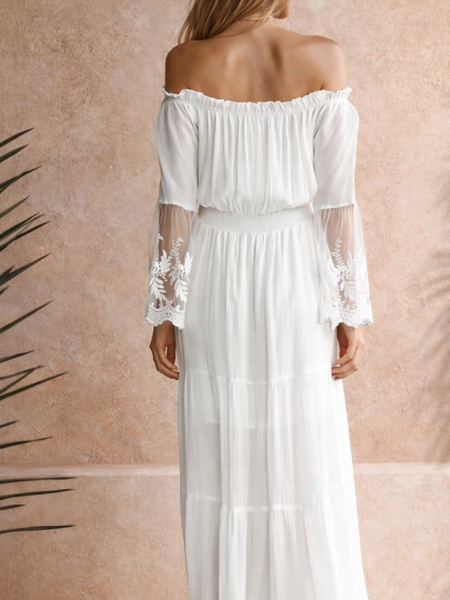 Vestido Ibicenco Blanco con Hombros Descubiertos boho dress
