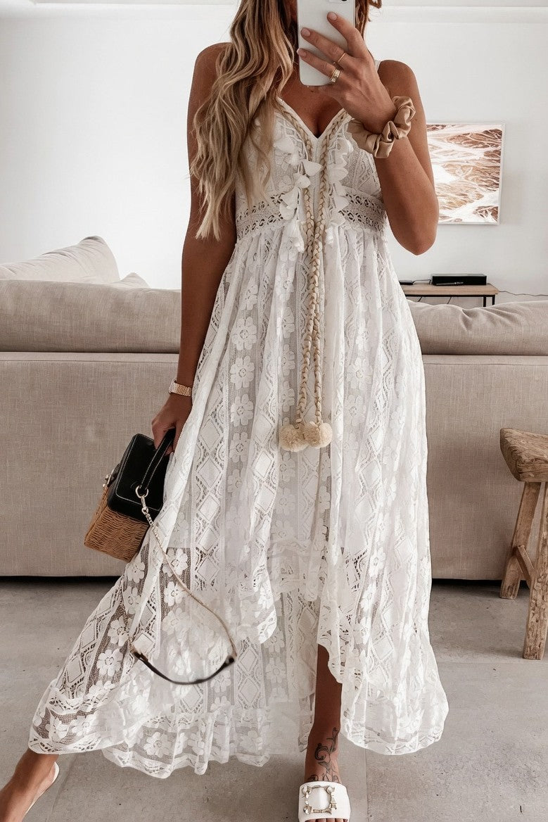 Vestido Ibicenco Boho de Encaje con Escote en V y Detalles Artesanales long boho dress