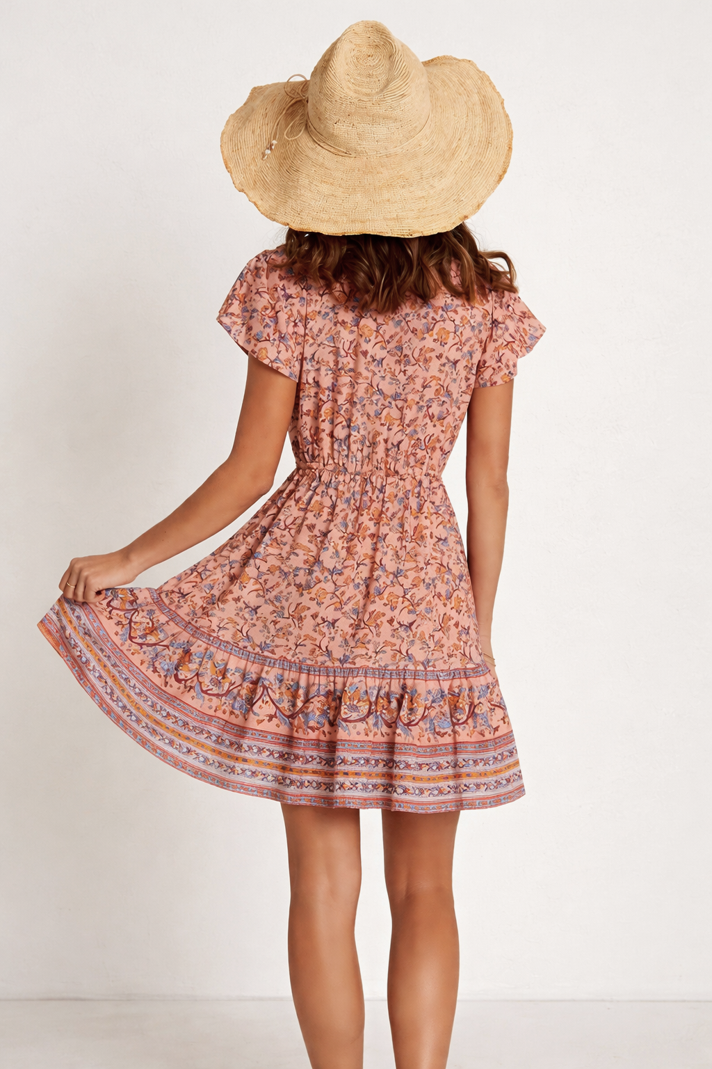 Vestido Ibicenco Floral Boho con Cuello en V short boho dress