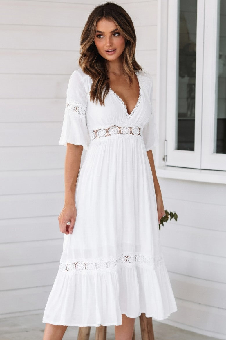 Vestido Ibicenco Largo Blanco Boho con Calado y Cuello en V long white boho dress