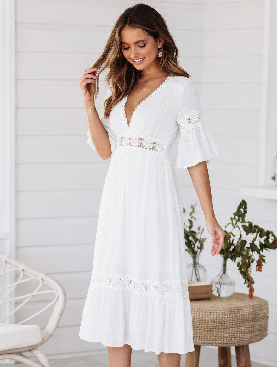 Vestido Ibicenco Largo Blanco Boho con Calado y Cuello en V long white boho dress