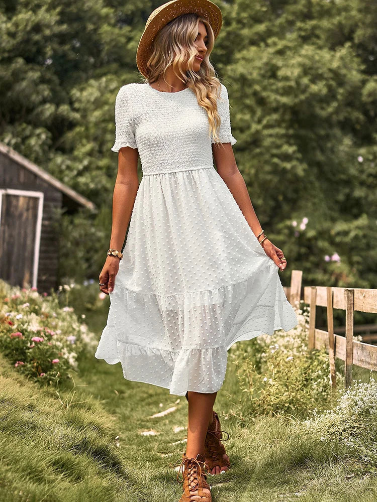 Vestido Ibicenco Midi Boho con Cintura Alta y Volantes midi boho dress