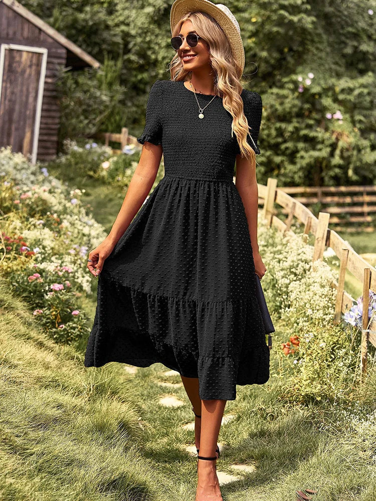 Vestido Ibicenco Midi Boho con Cintura Alta y Volantes midi boho dress