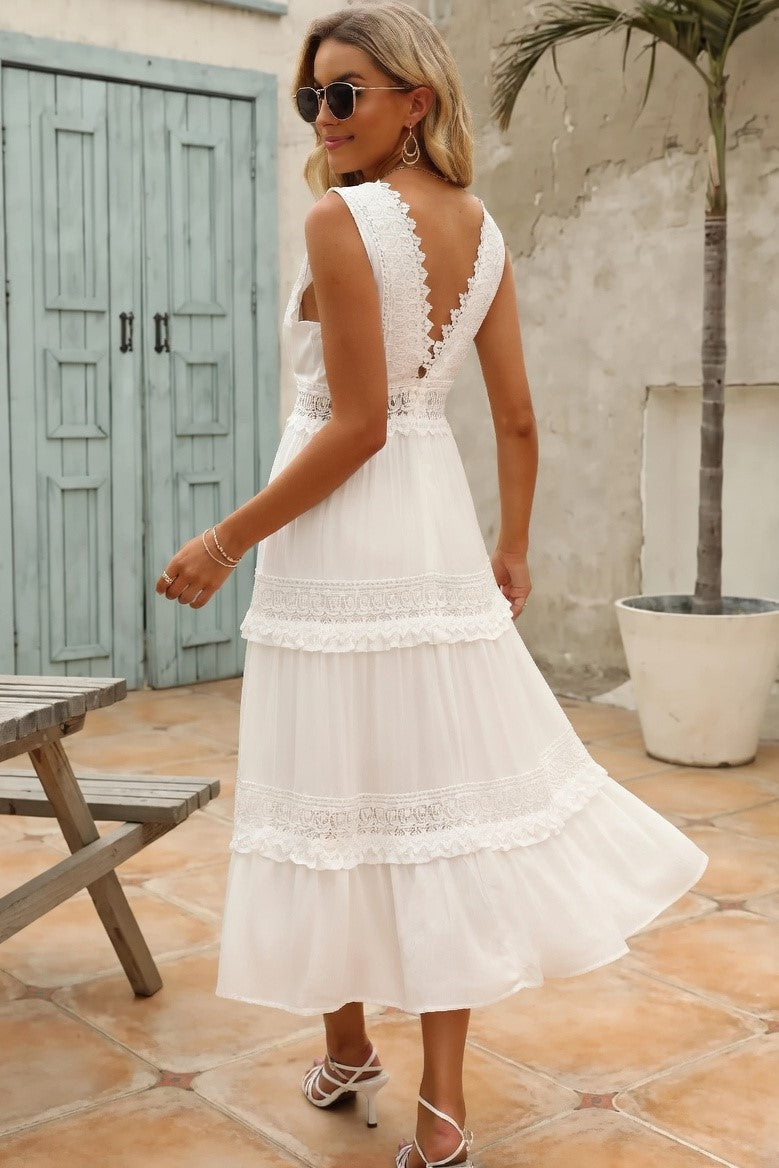 Vestido Ibicenco Midi de Encaje Blanco con Cintura Alta long white boho dress