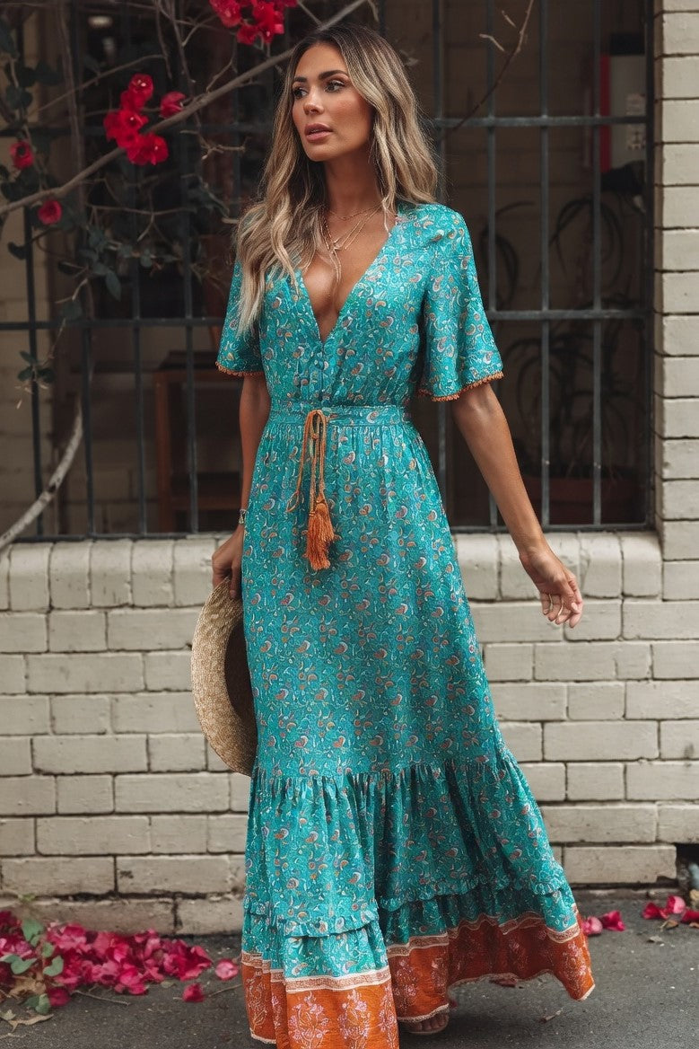 Vestido Ibicenco con Cintura Ajustable y Volante Delicado long green boho dress