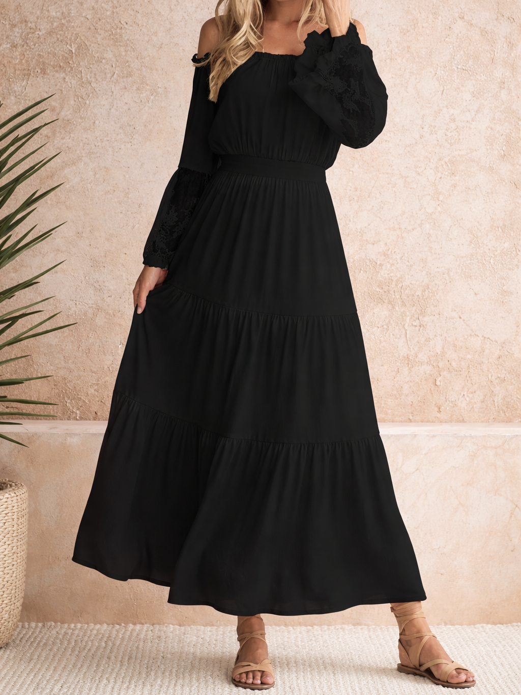 Vestido Ibicenco negro con Hombros Descubiertos boho dress black