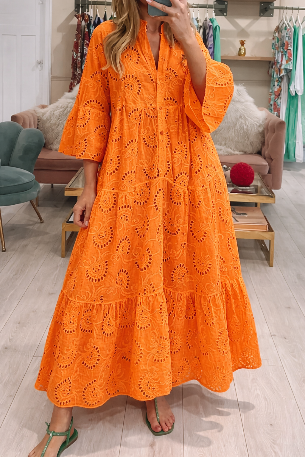 Vestido Ibicenco Maxi Casual Elegante con Cuello V y Mangas Acampanadas orange boho dress