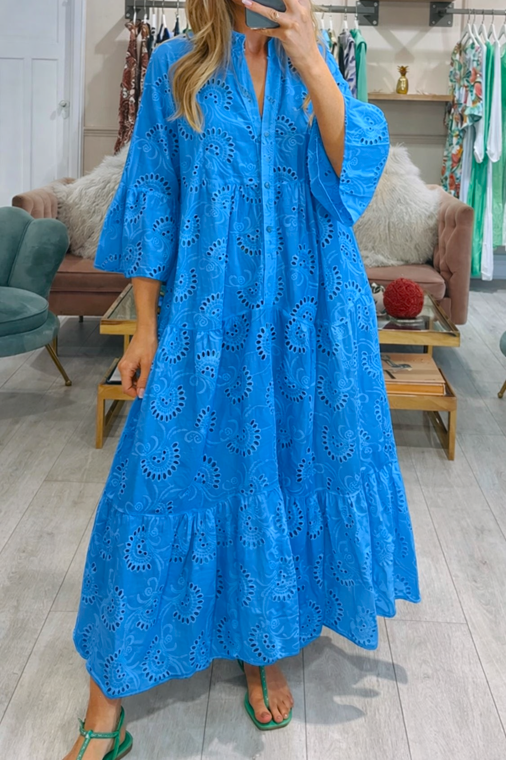 Vestido Ibicenco Maxi Casual Elegante con Cuello V y Mangas Acampanadas sky blue boho dress