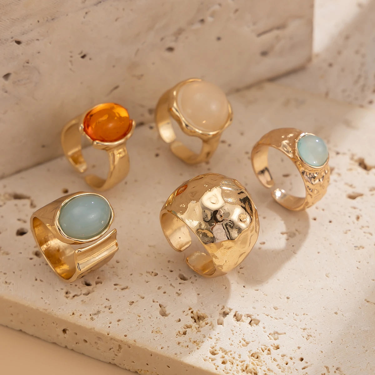 Anillos Ibicencos Boho de 5 Piezas Estilo Vintage Ajustables gold summer boho rings
