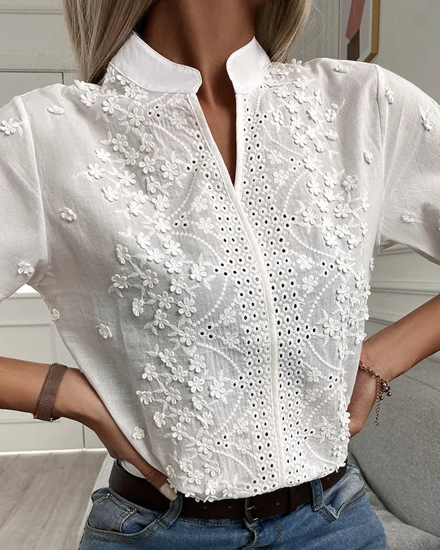 Blusa Ibicenca Boho Bordada con Cuello Mao y Detalles Calados boho shirt