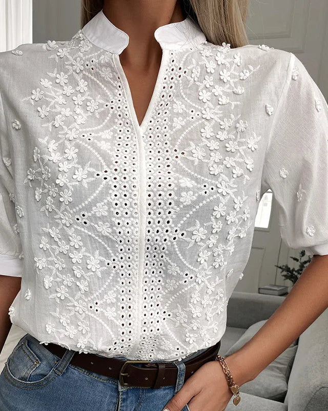 Blusa Ibicenca Boho Bordada con Cuello Mao y Detalles Calados boho shirt