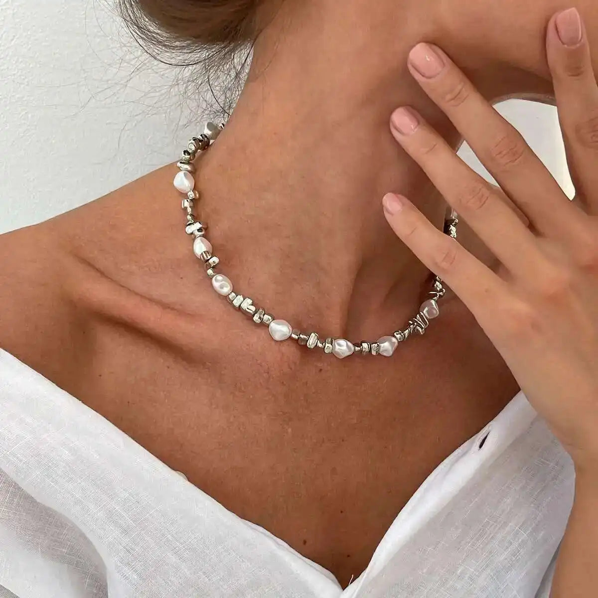 Collar Ibicenco de Perlas y Cuentas Doradas Boho silver pearl necklace