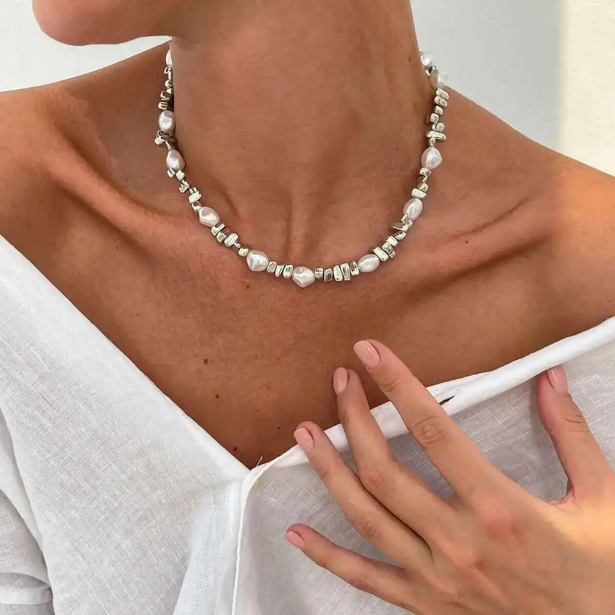 Collar Ibicenco de Perlas y Cuentas Doradas Boho silver pearl necklace