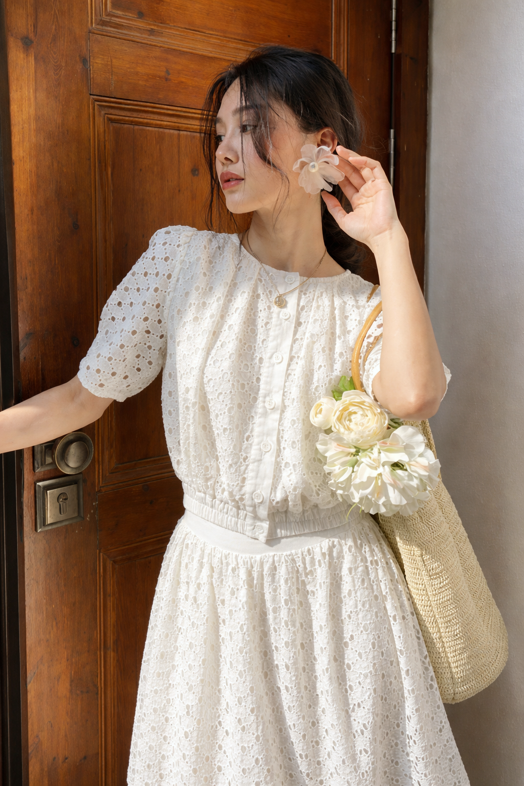 Conjunto Ibicenco de Verano con Blusa Calada y Falda Larga Elegante long white boho skirt and top co-ord matching set