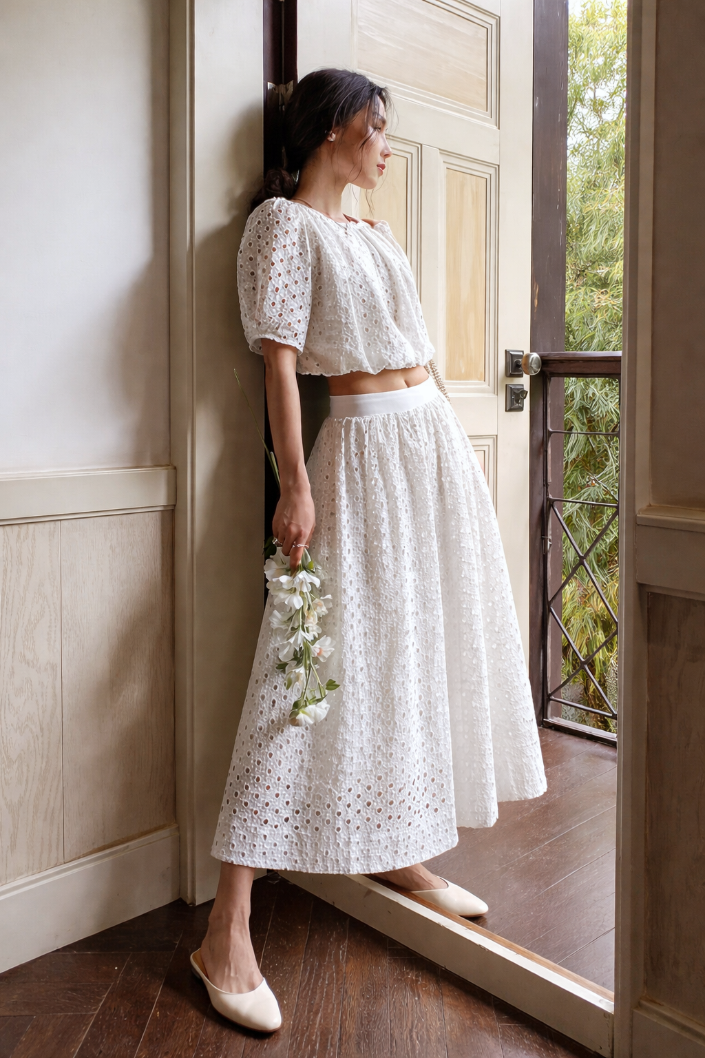 Conjunto  Ibicenco de Verano con Blusa Calada y Falda Larga Elegante long white boho skirt and top co-ord set
