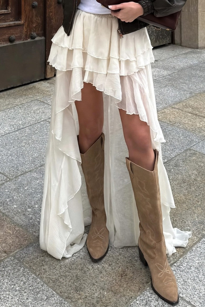 Falda Ibicenca Boho Asimétrica con Volantes y Caída Fluida long boho skirt