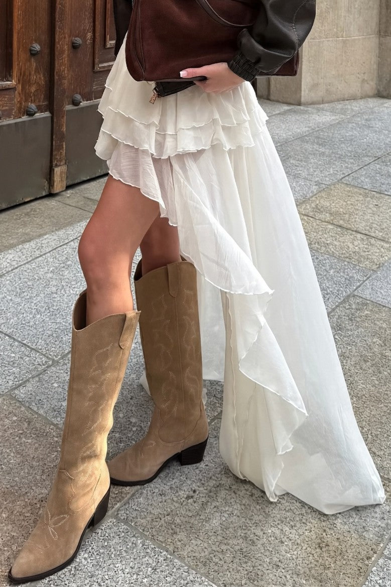 Falda Ibicenca Boho Asimétrica con Volantes y Caída Fluida long boho skirt