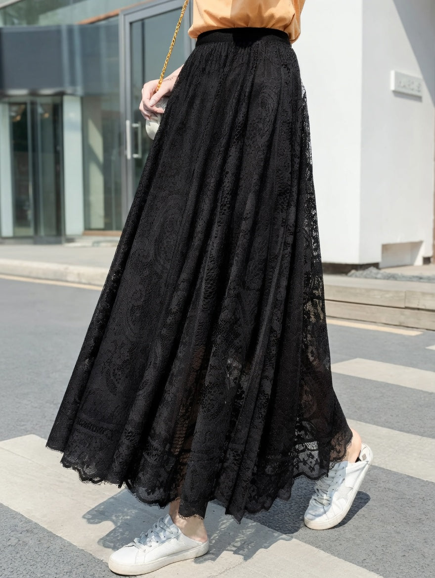 Falda Ibicenco de Encaje Crochet, Línea A, Corte Suelto y Largo long black boho skirt