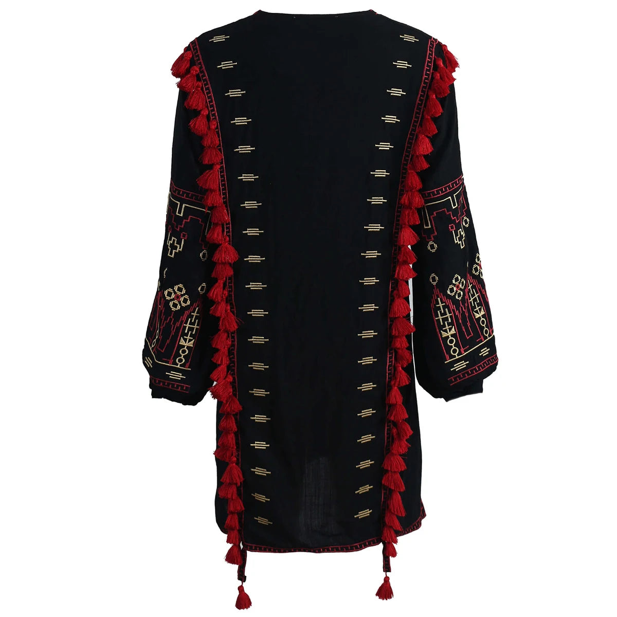Vestido Ibicenco Bohemio con Cuello V, Mangas Largas y Detalles Vintage