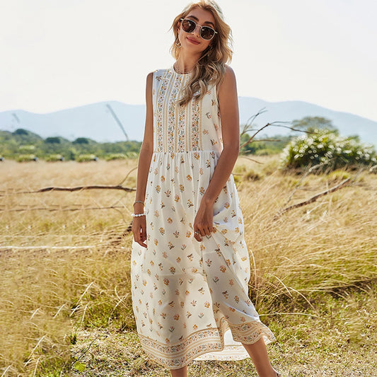 Vestido Ibicenco Boho Chic Floral Sin Mangas Maxi Verano