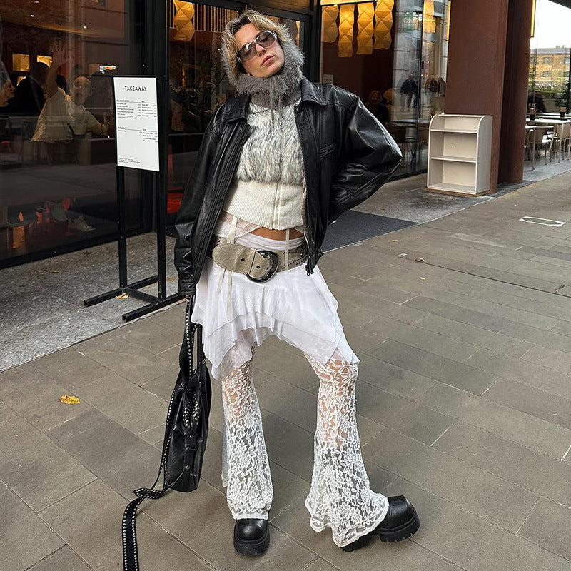 Pantalones Diseño Malla Costura Encaje Micro Transparente