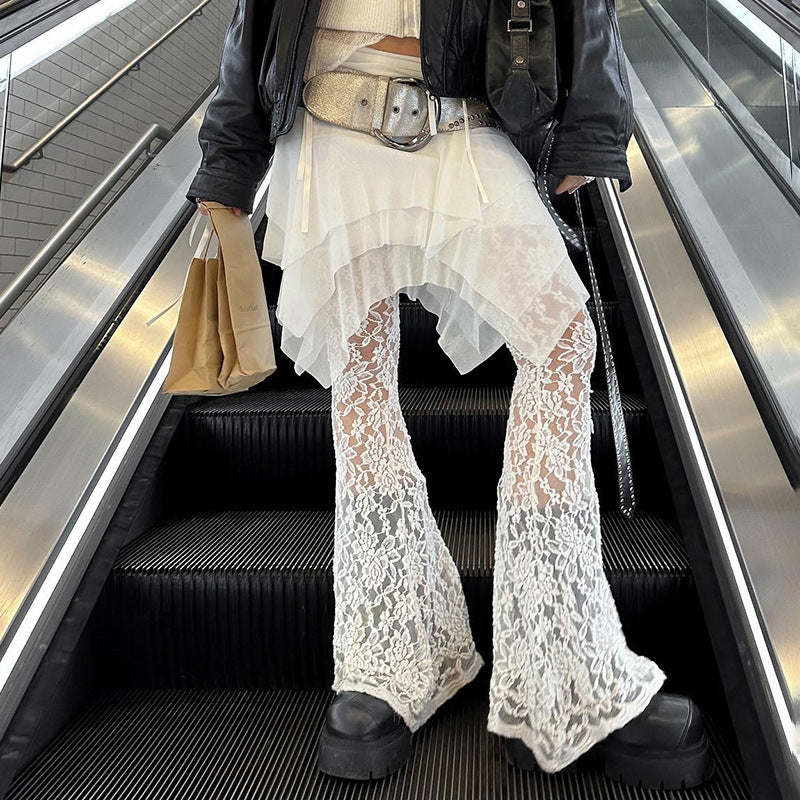 Pantalones Diseño Malla Costura Encaje Micro Transparente