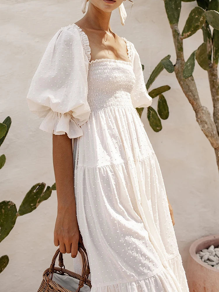 Vestido Ibicenco de Verano  con Cuello Cuadrado, Mangas Abullonadas y Lazo