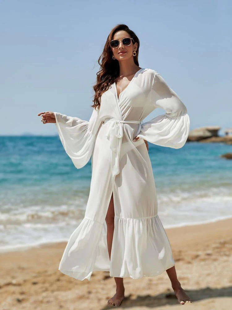 Vestido Ibérico Largo de Gasa para Playa con Mangas Acampanadas y Función Sobrecamisa