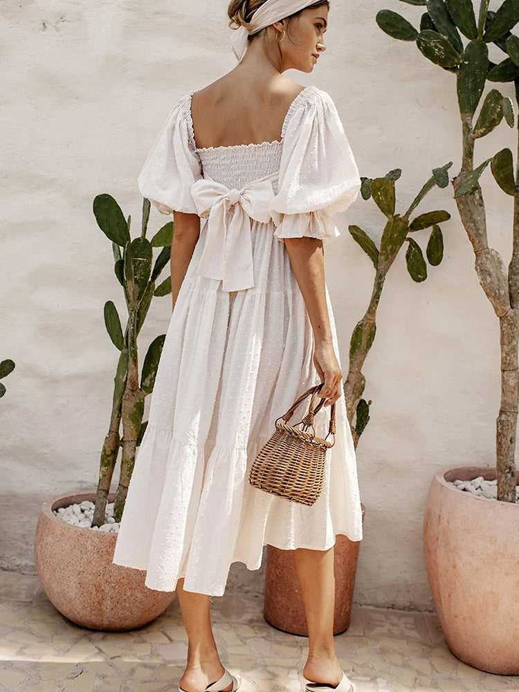 Vestido Ibicenco de Verano  con Cuello Cuadrado, Mangas Abullonadas y Lazo