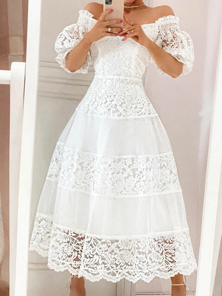Vestido Ibicenco Largo de Encaje Blanco con Hombros Descubiertos y Bordado Floral
