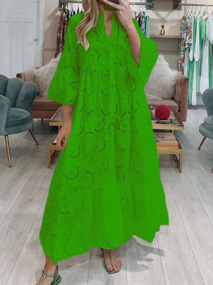 Vestido Ibicenco Blanco Maxi Casual Elegante con Cuello V y Mangas Acampanadas
