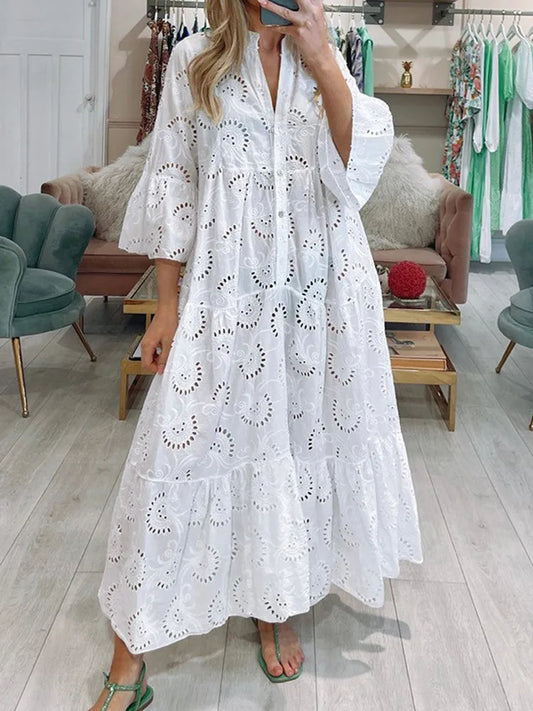 Vestido Ibicenco Blanco Maxi Casual Elegante con Cuello V y Mangas Acampanadas