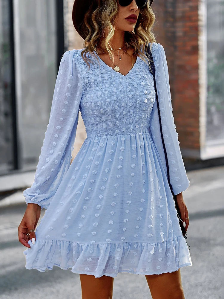 Vestido Ibicenco Boho Casual Mini con Cuello V y Volantes