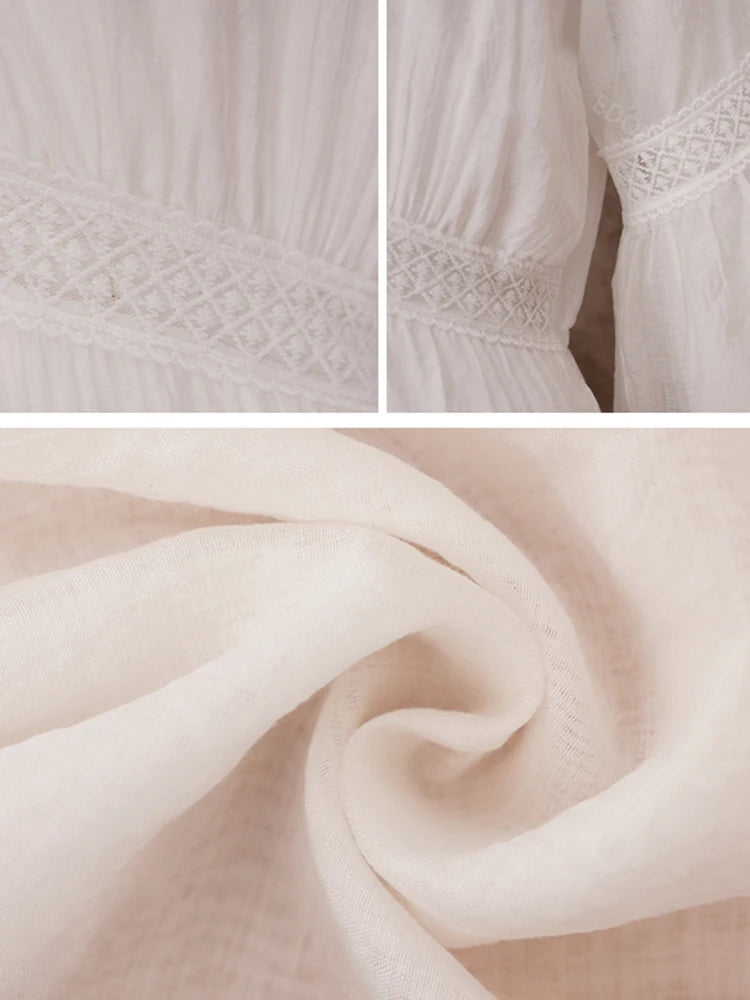 Vestido Ibérico Largo de Encaje Blanco con Escote V y Manga Corta para Verano