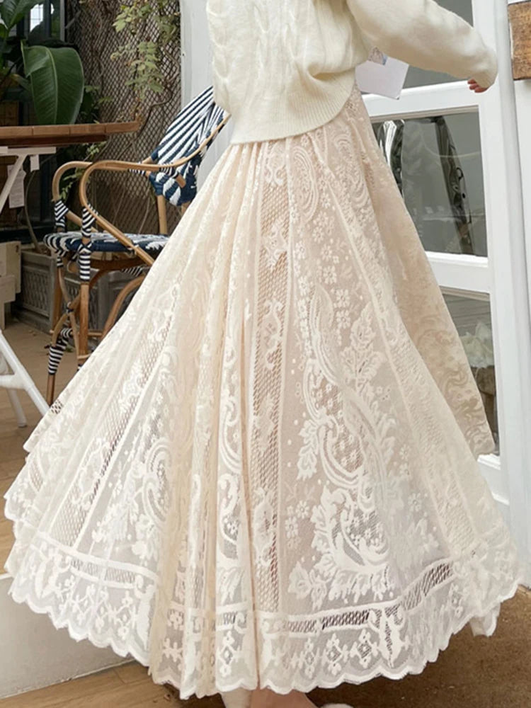 Vestido Ibicenco de Encaje Crochet, Línea A, Corte Suelto y Largo, Estilo Coreano