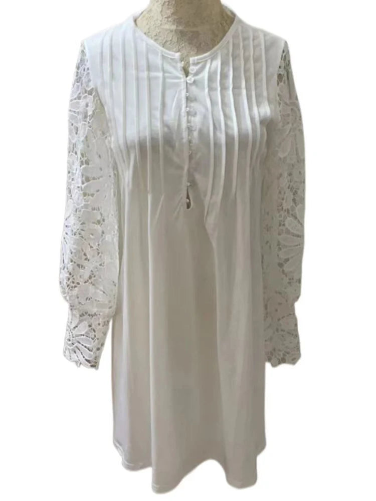 Vestido Ibicenco Blanco de Encaje con Bordado Elegante y Mangas de Farol
