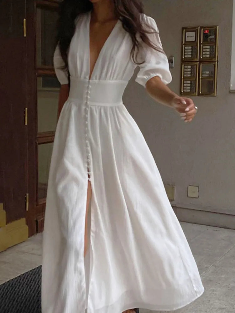 Vestido Ibérico Largo Blanco con Escote en V, Mangas Abullonadas y Abertura Lateral